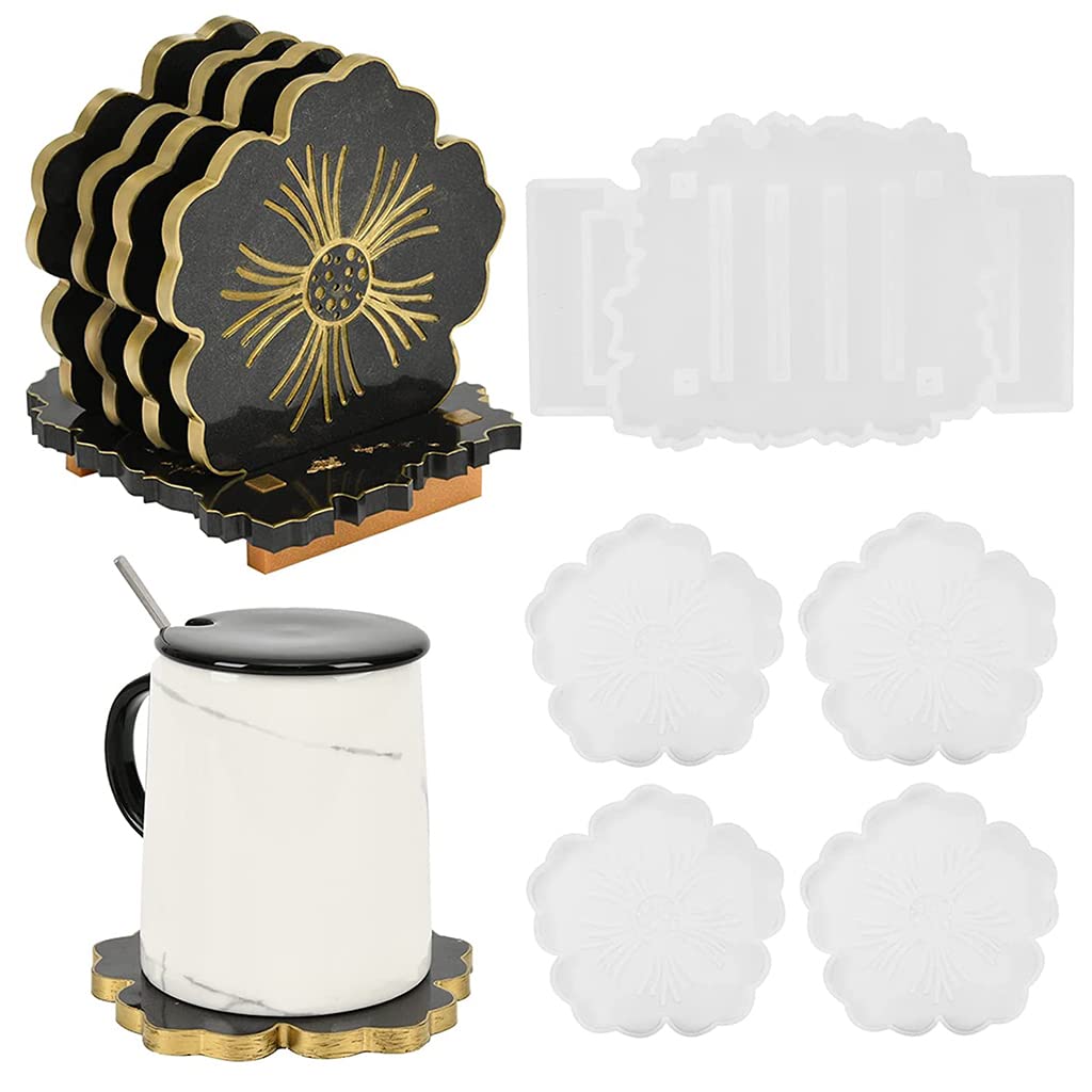 HASTHIP 4 Pcs Resin Moulds with Stand Storage Mould for Make Coaster, Creative Floral Shape Silicone Moulds Epoxy Resin Art Kit for Resin Casting Coasters, DIY Crafts, Home Decor HASTHIP 4 Pcs Resin Moulds with Stand Storage Mould for Make Coaster, Creative Floral Shape Silicone Moulds Epoxy Resin Art Kit for Resin Casting Coasters, DIY Crafts, Home Decor